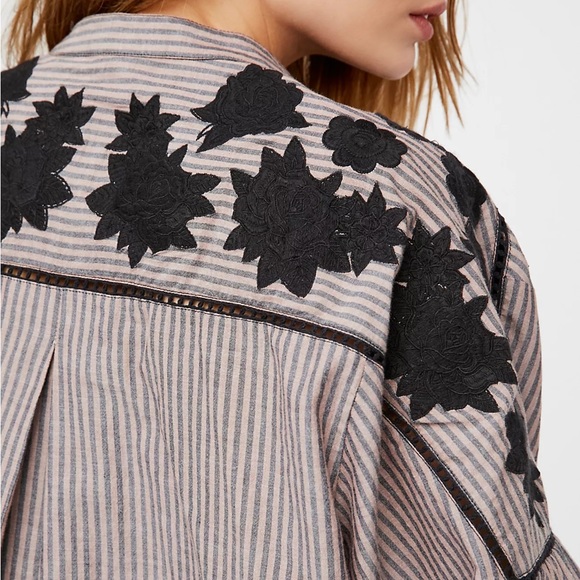 Free People Liya Embroidered top black floral detail deep v neck - Picture 7 of 14